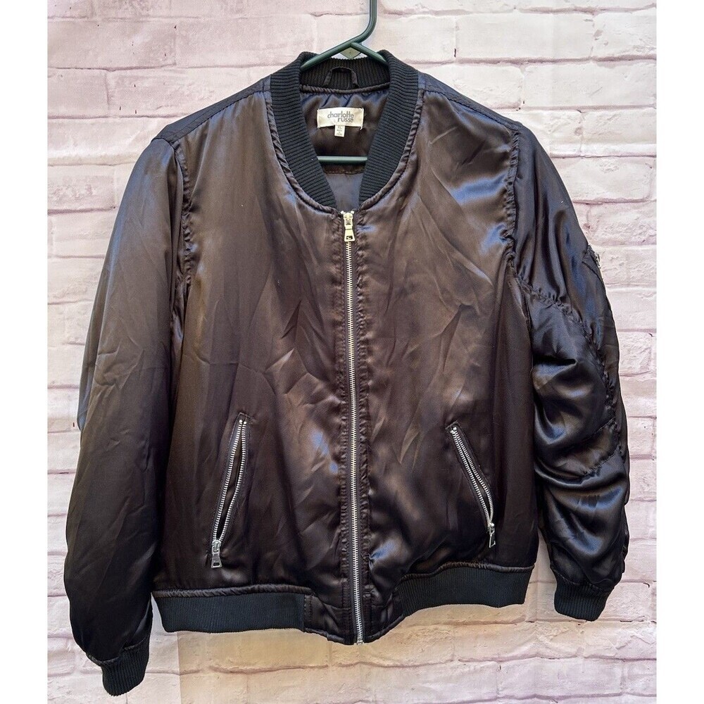 VTG Charlotte Russe Y2K Bomber Flight Jacket Womens XL Black Satin Zip Silky